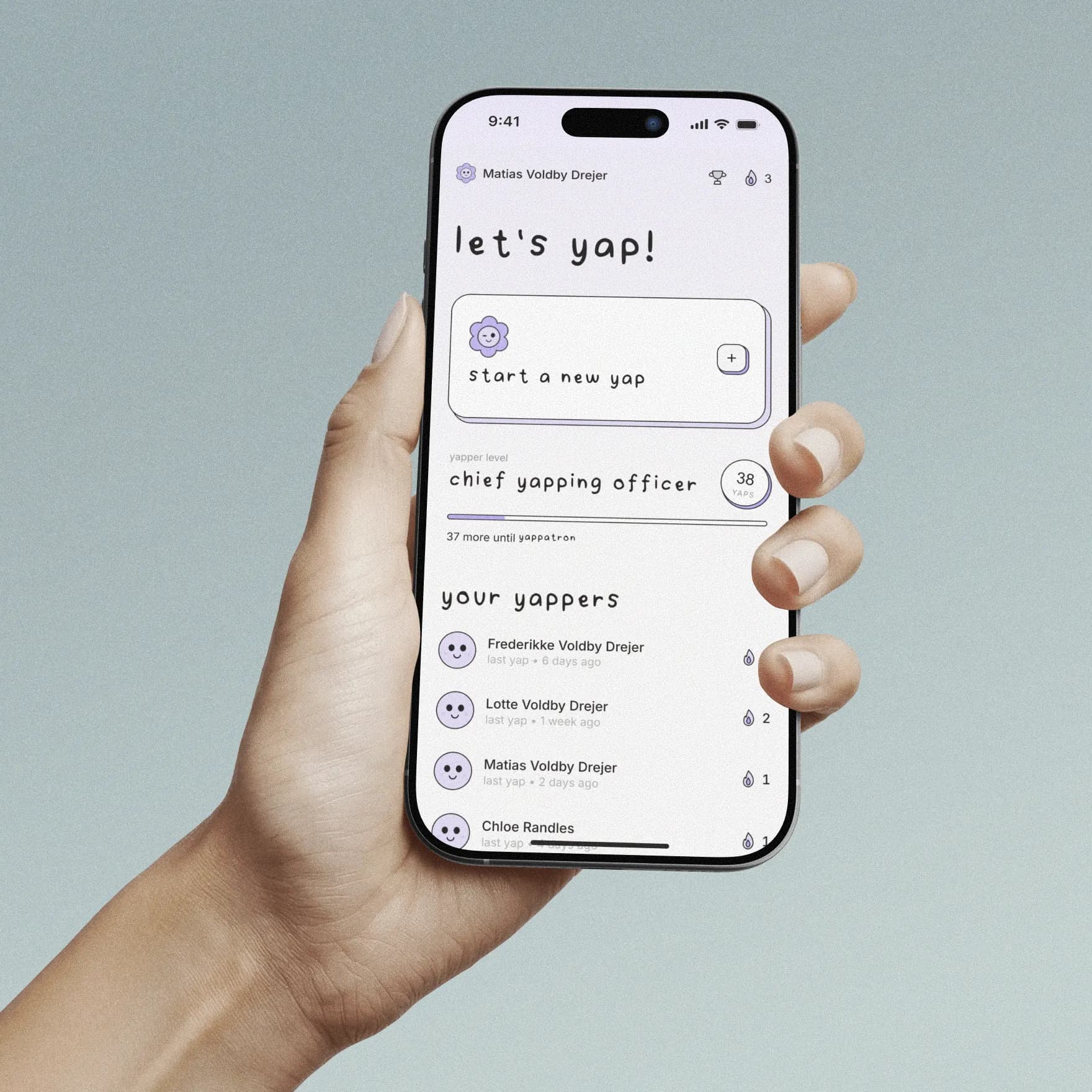 The Yap Room dashboard on iPhone with a 'let's yap!' headline.